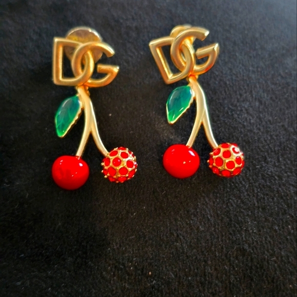 D&G 18kgp Cherry Drop Earrings - Gold and Red - Picture 1 of 9